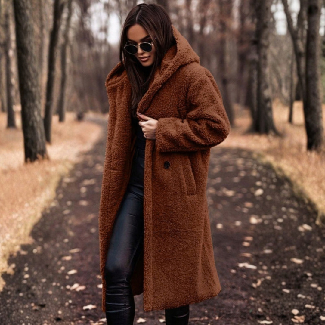 Women's Teddy Coat with Hood and Large Buttons
