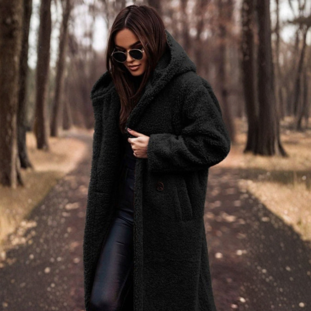 Women's Teddy Coat with Hood and Large Buttons
