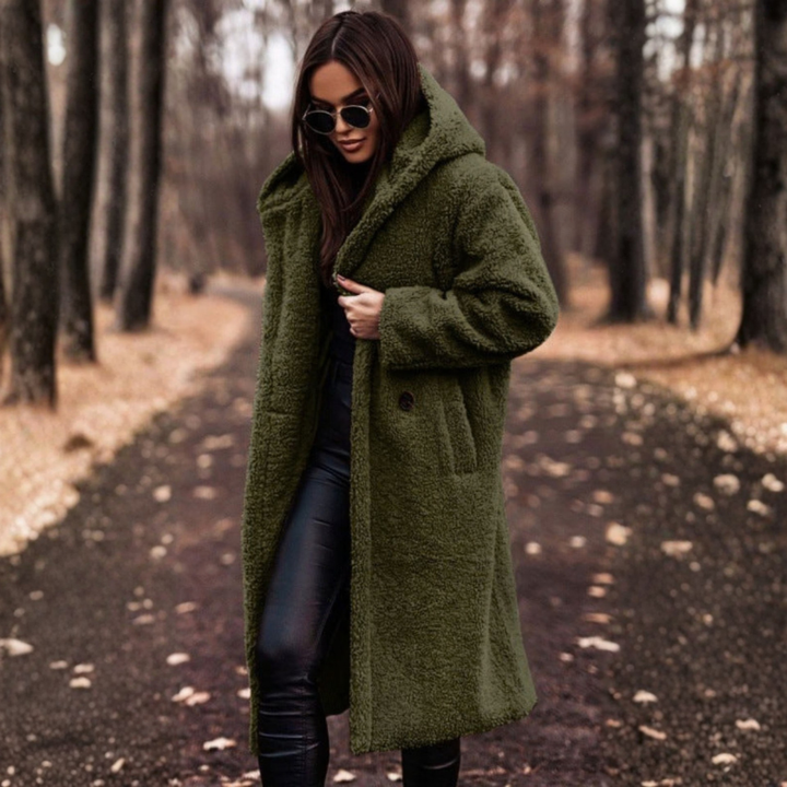 Women's Teddy Coat with Hood and Large Buttons