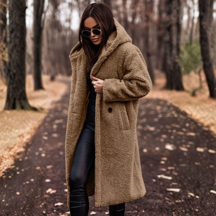 Women's Teddy Coat with Hood and Large Buttons