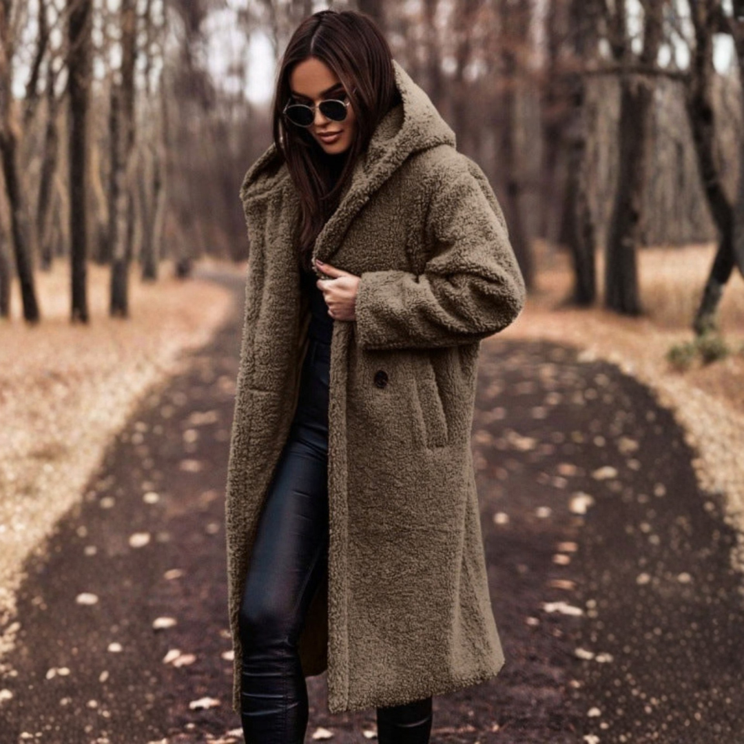 Women's Teddy Coat with Hood and Large Buttons