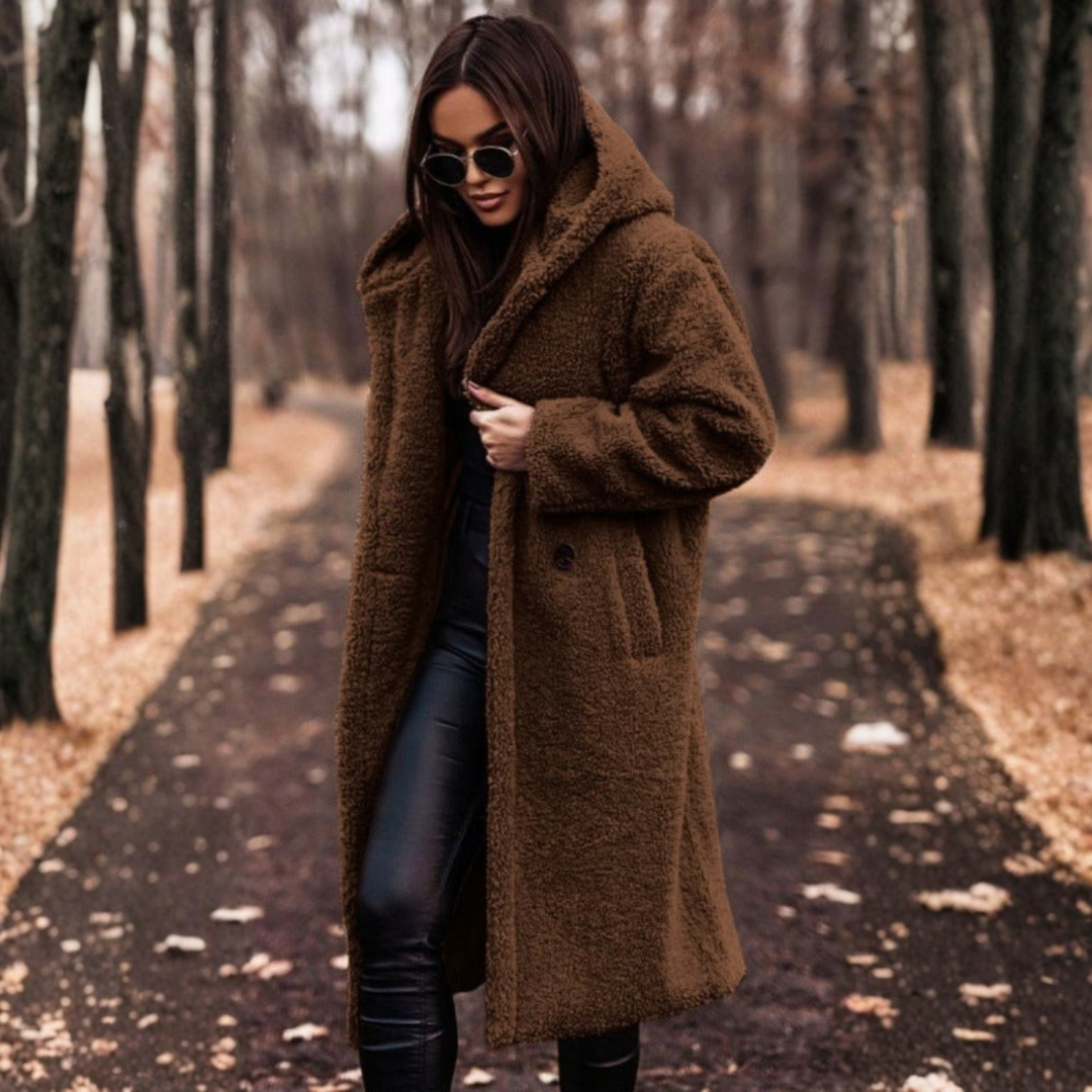 Women's Teddy Coat with Hood and Large Buttons