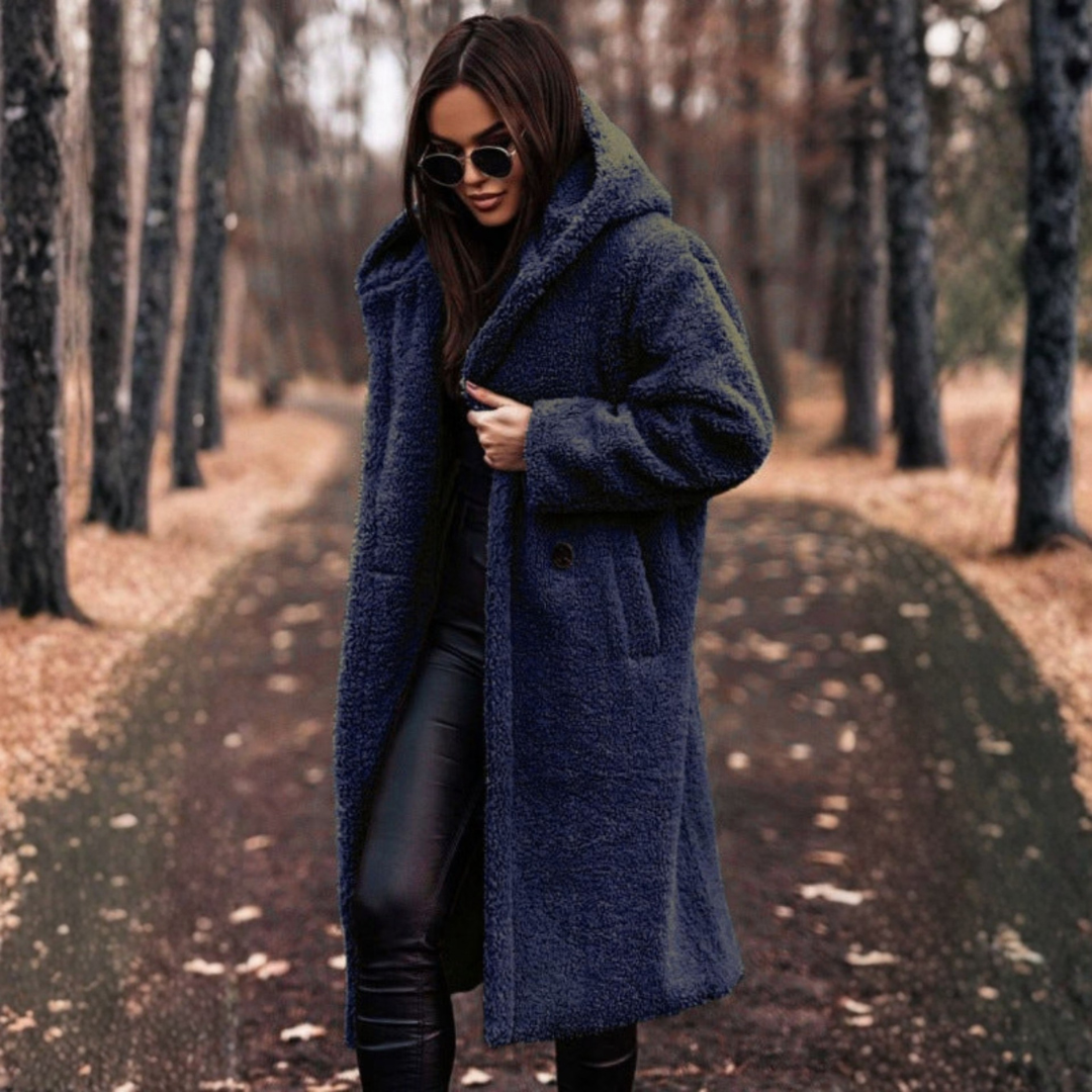 Women's Teddy Coat with Hood and Large Buttons