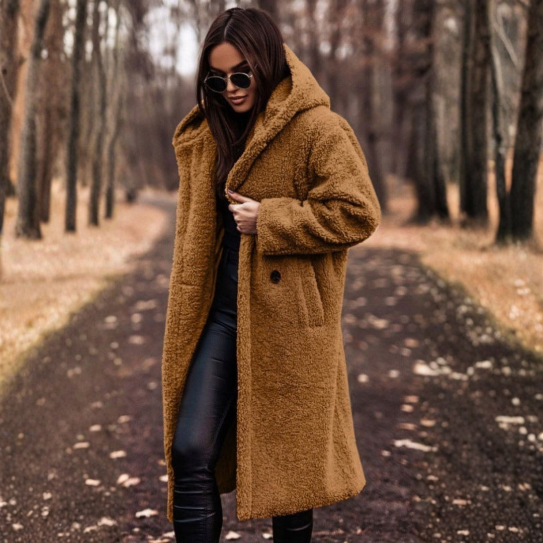 Women's Teddy Coat with Hood and Large Buttons