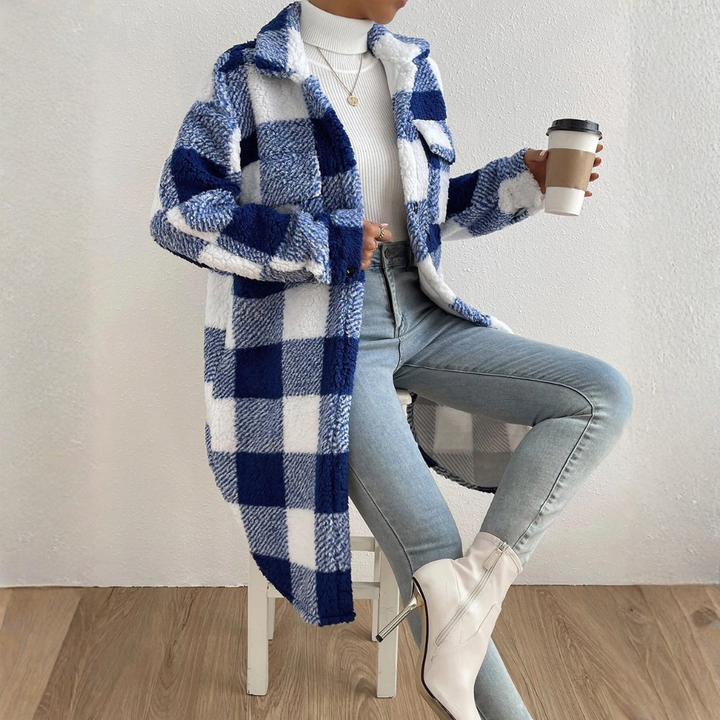 Women's Long Teddy Check Coat with Shirt Collar, Patch Pockets, and Button Placket