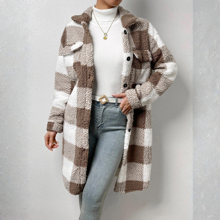 Women's Long Teddy Check Coat with Shirt Collar, Patch Pockets, and Button Placket