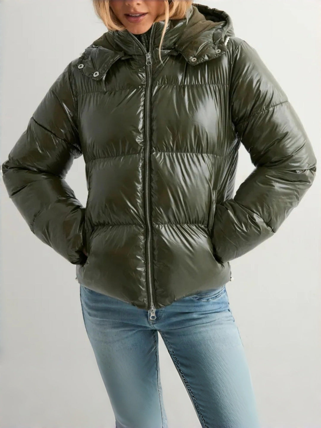 Women's Padded Jacket with Adjustable Hood and Zipped Pockets