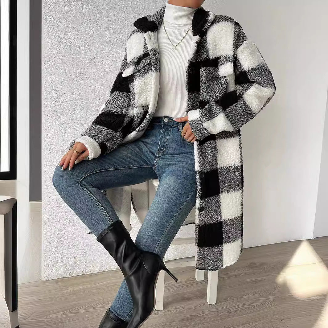 Women's Long Teddy Check Coat with Shirt Collar, Patch Pockets, and Button Placket