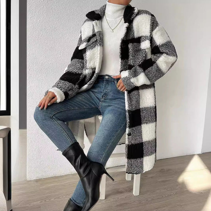 Women's Long Teddy Check Coat with Shirt Collar, Patch Pockets, and Button Placket