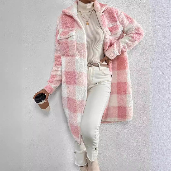 Women's Long Teddy Check Coat with Shirt Collar, Patch Pockets, and Button Placket