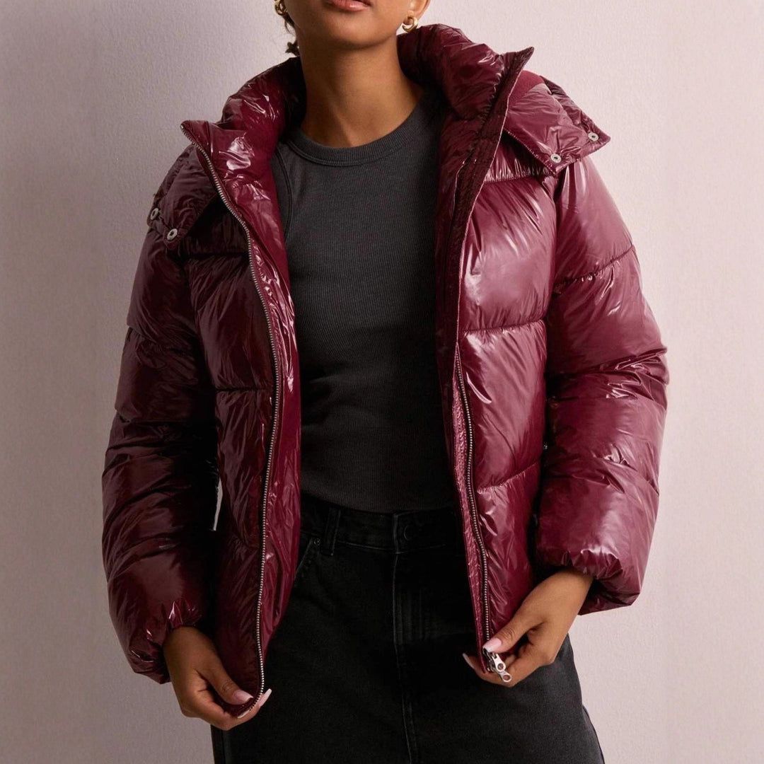 Women's Padded Jacket with Adjustable Hood and Zipped Pockets