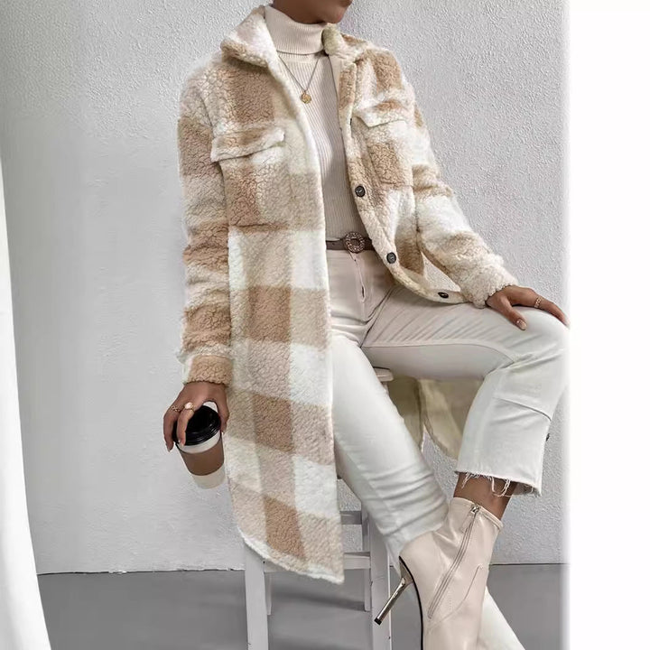 Women's Long Teddy Check Coat with Shirt Collar, Patch Pockets, and Button Placket