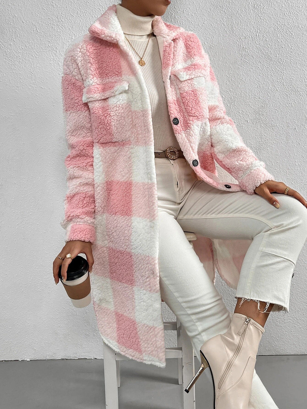 Women's Long Teddy Check Coat with Shirt Collar, Patch Pockets, and Button Placket